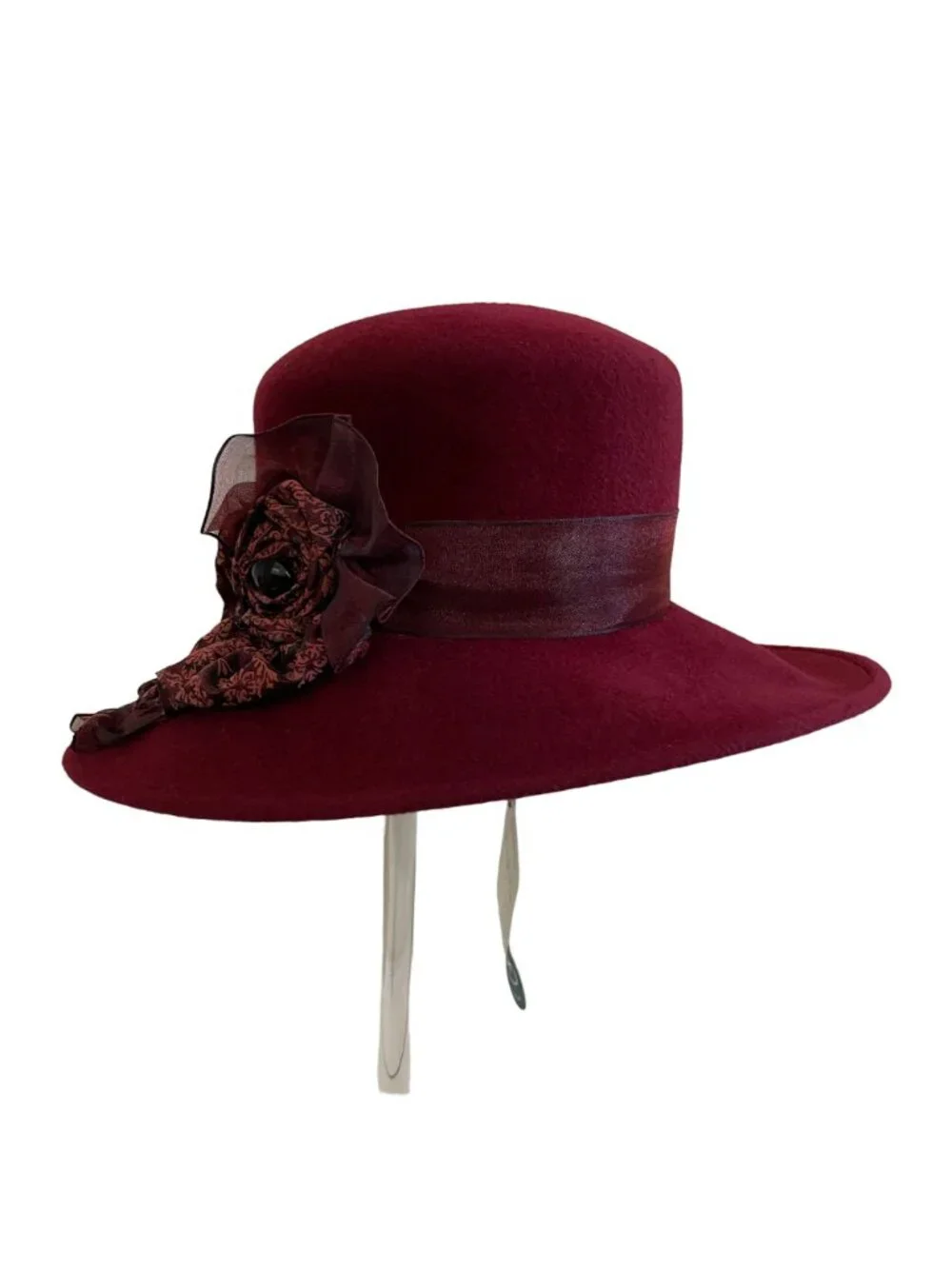Louise Green Burgundy Wool Felt Wide Brim Hat With Floral Ribbon Detail